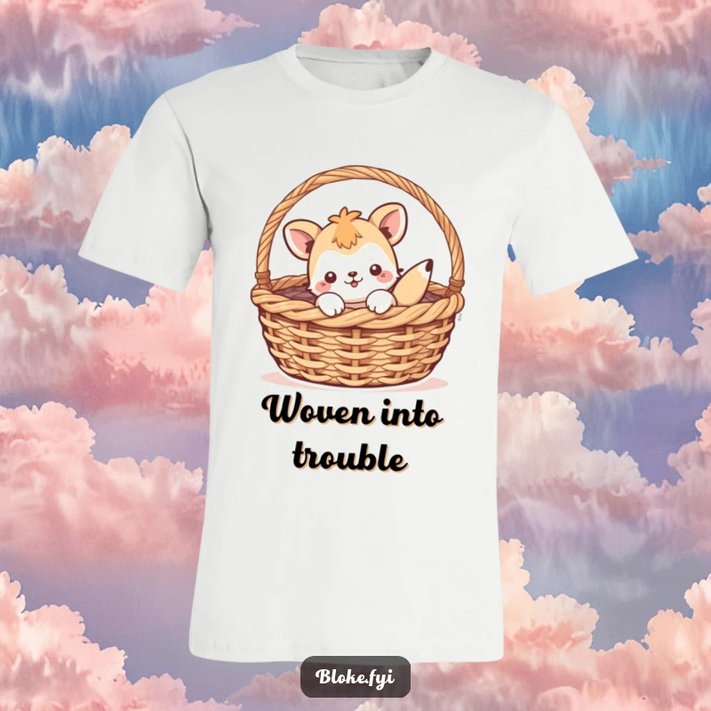 Funny t-shirt with a playful animal character humorously stuck inside a woven basket, highlighting charmingly clumsy moments.
