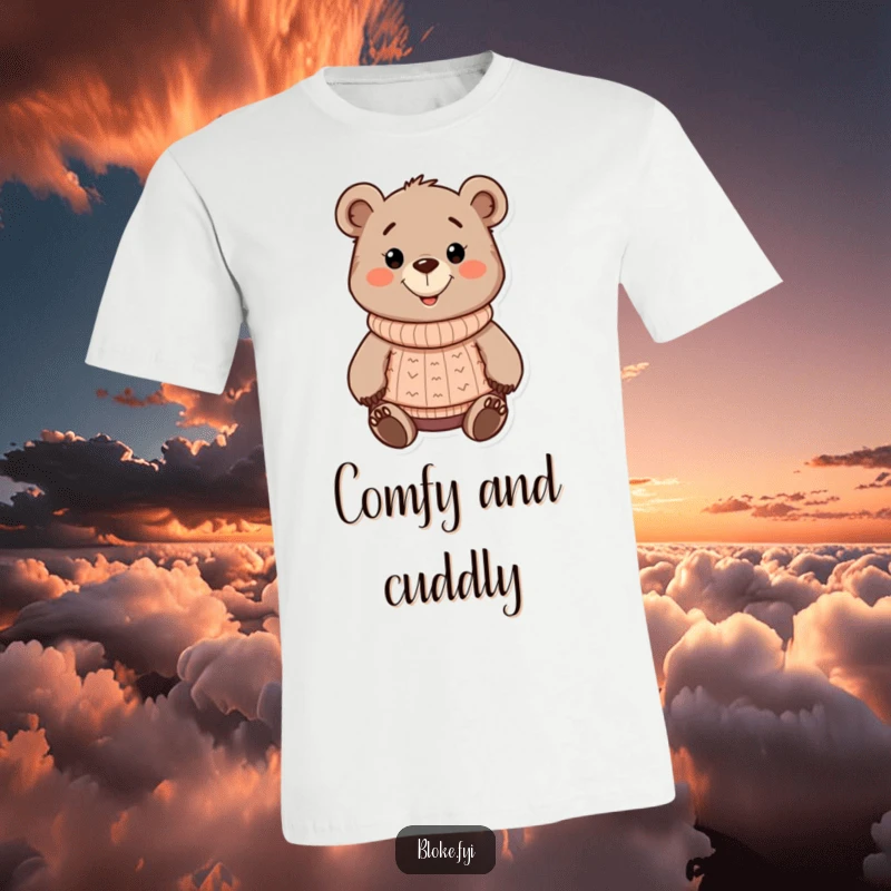 Funny chunky cartoon bear t-shirt, wearing a cozy knitted sweater and a big friendly grin, a humorous apparel.