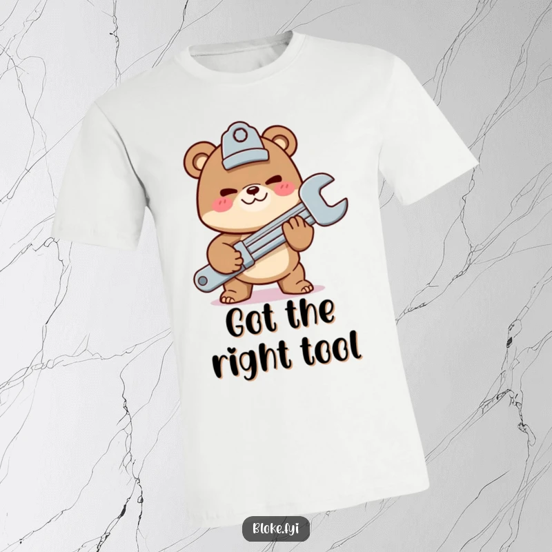 Funny t-shirt showing a mischievous bear character proudly offering a giant wrench, perfect for DIY enthusiasts and mechanics.
