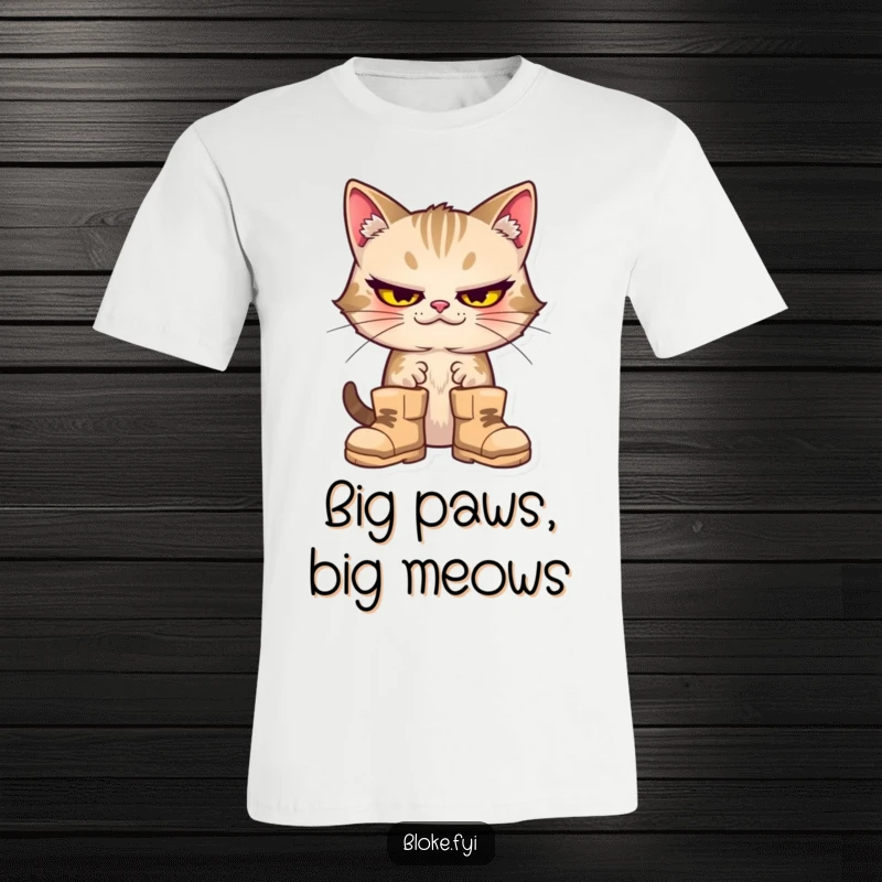 Funny cat with a silly expression wearing enormous boots, featured on a comfortable t-shirt.