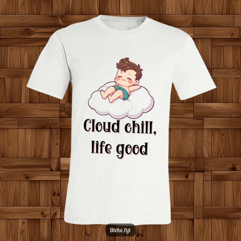 Funny t-shirt with a relaxed bloke character playfully lounging on a stylized cloud, perfect for expressing chill vibes.