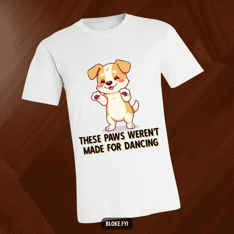 Funny Dog T-Shirt: A charming dog with enormous paws awkwardly performs a dance, radiating pure, uninhibited joy and humor.
