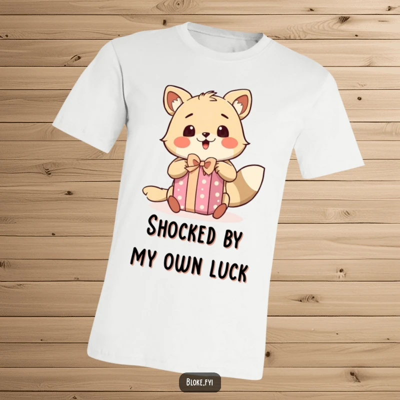 Funny t-shirt showcasing a bloke animal character eagerly unwrapping a present with an astonished and happy expression, embodying gift excitement.