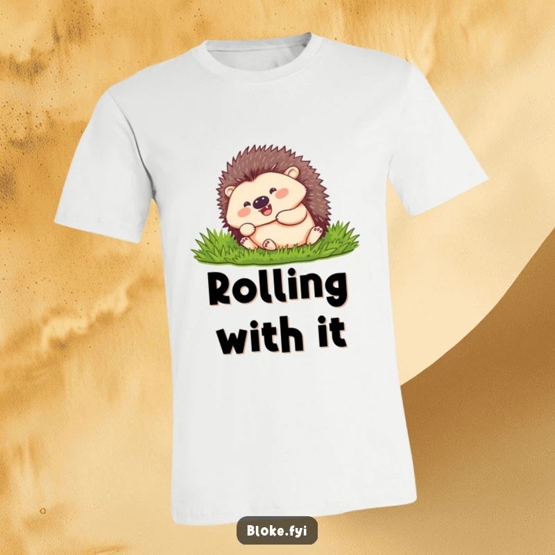 Funny hedgehog with a happy expression, in a rolling ball, on a comfortable t-shirt.