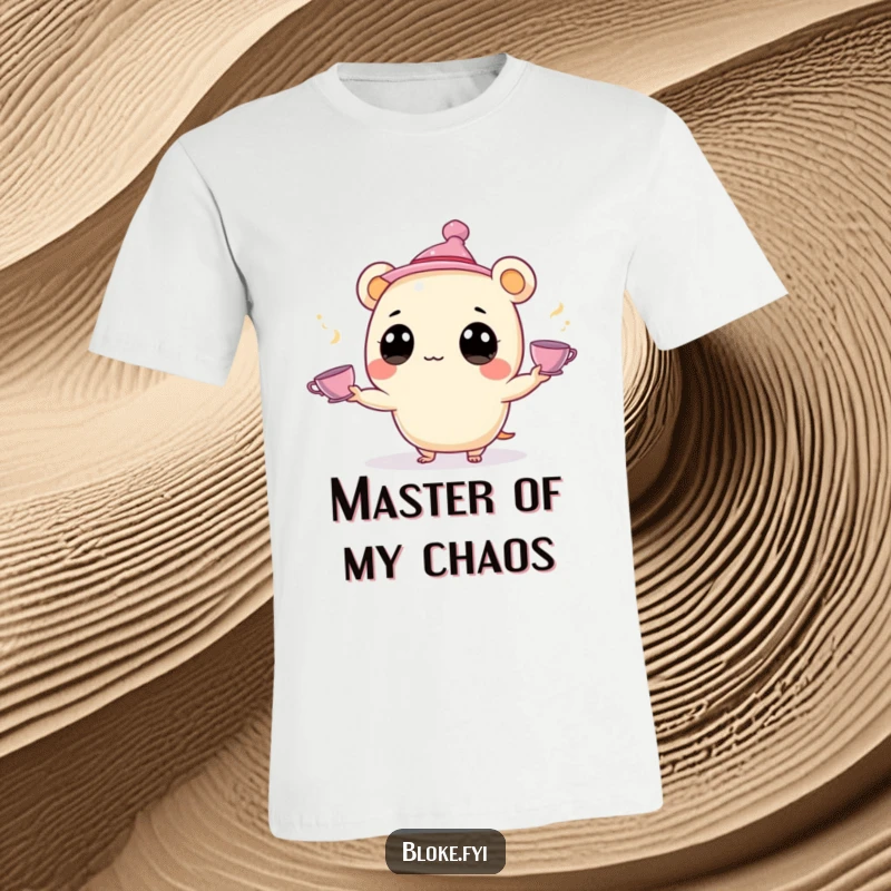Funny T-Shirt: A charming, round creature in a hat skillfully juggles small teacups, showcasing a funny, artistic talent.