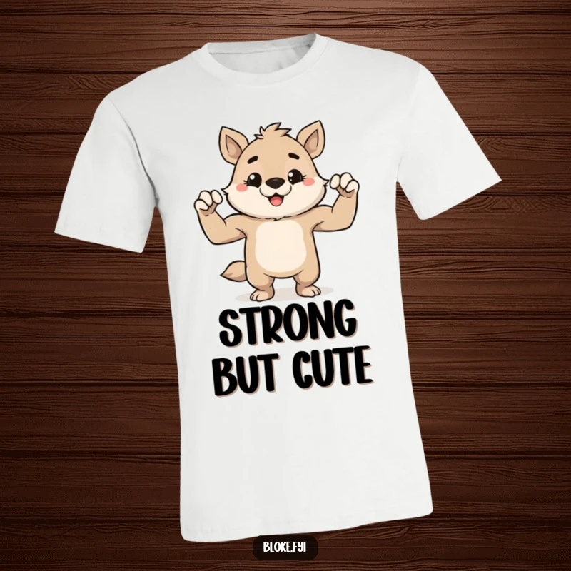 Funny t-shirt with a cute, stout animal character grinning slyly and flexing its small, powerful muscles.