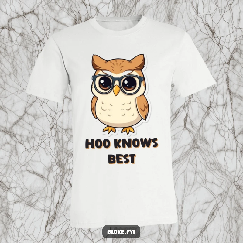 Funny small, round owl with a wise look tipping its spectacles, featured on a comfortable and witty t-shirt.