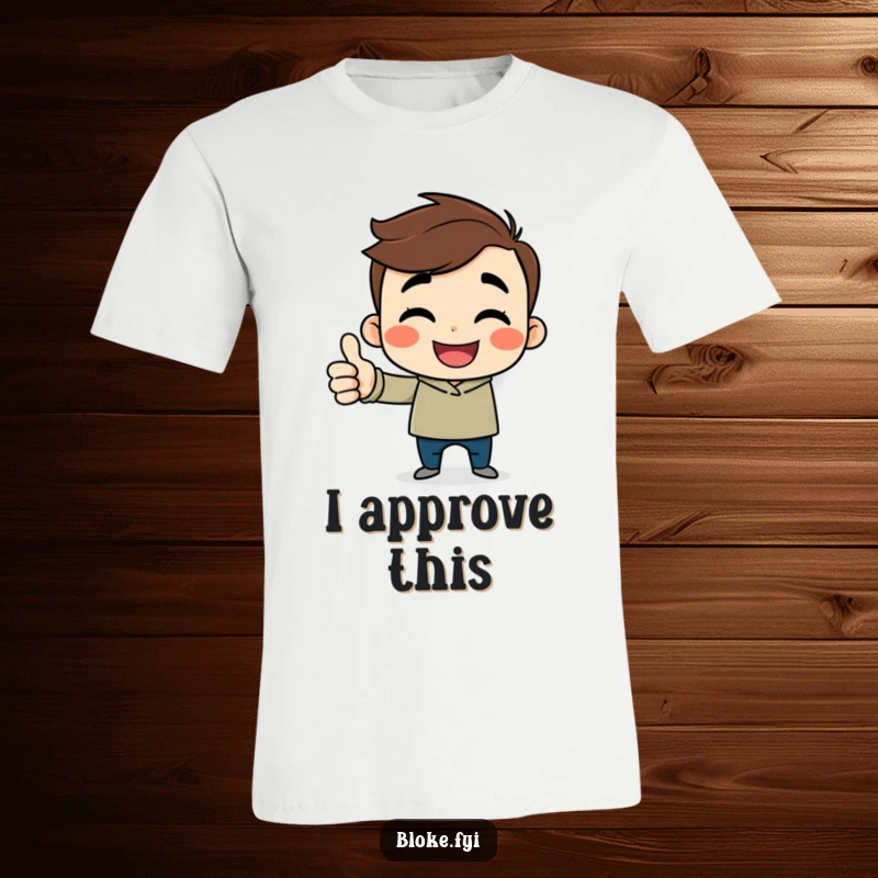 Funny cartoon guy t-shirt with a cheerful character, sideways smile, and a thumbs up, promoting positivity.