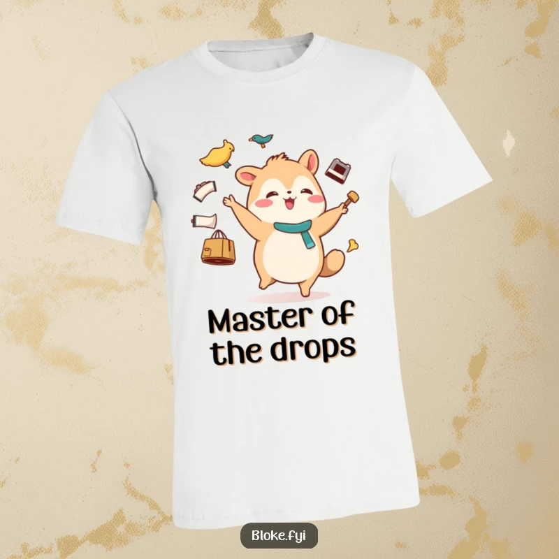 Funny t-shirt with a stout animal character joyfully waddling while juggling mismatched items, highlighting energetic and cheerful personality.