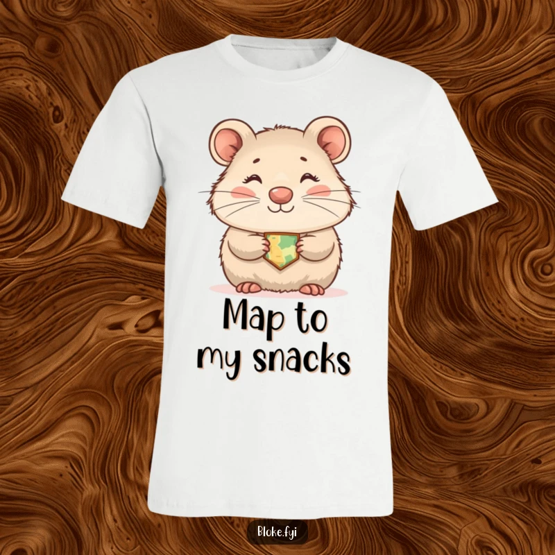 Funny wombat t-shirt featuring a shyly smiling marsupial wearing a tiny map, showcasing a humorous and cute design.