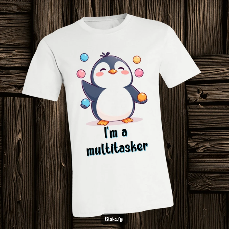 Funny T-Shirt depicting a happy, pudgy penguin character expertly juggling three round objects, radiating fun.