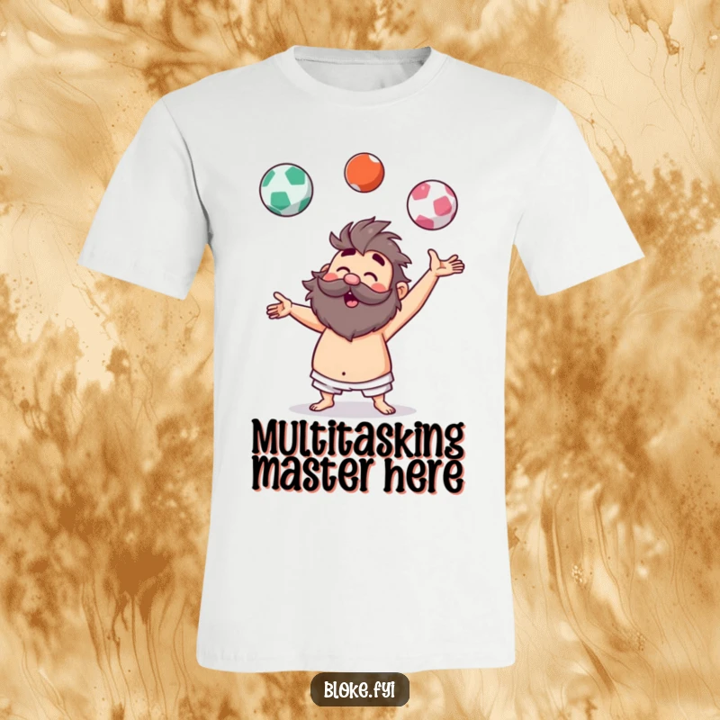 Funny t-shirt featuring a hairy bloke character hilariously pretending to juggle three imaginary balls with a determined yet comical look.
