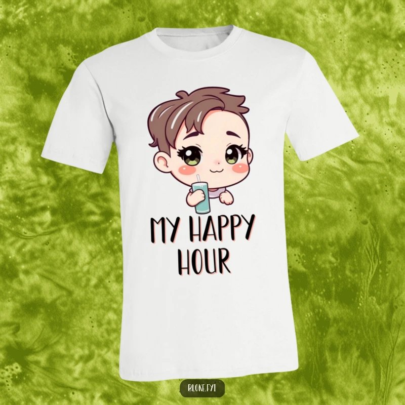 Funny t-shirt showing a character with an unpretentious, amiable face extending a glass of beer, embodying warmth and friendly hospitality.