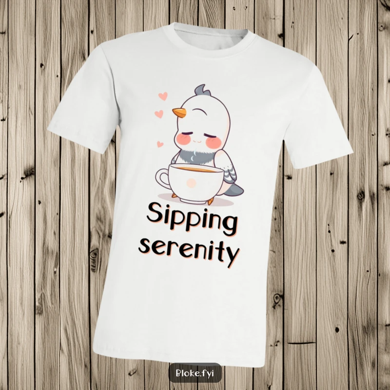 Funny pigeon with closed eyes, looking peaceful, enjoying a cup of tea on a comfortable t-shirt.