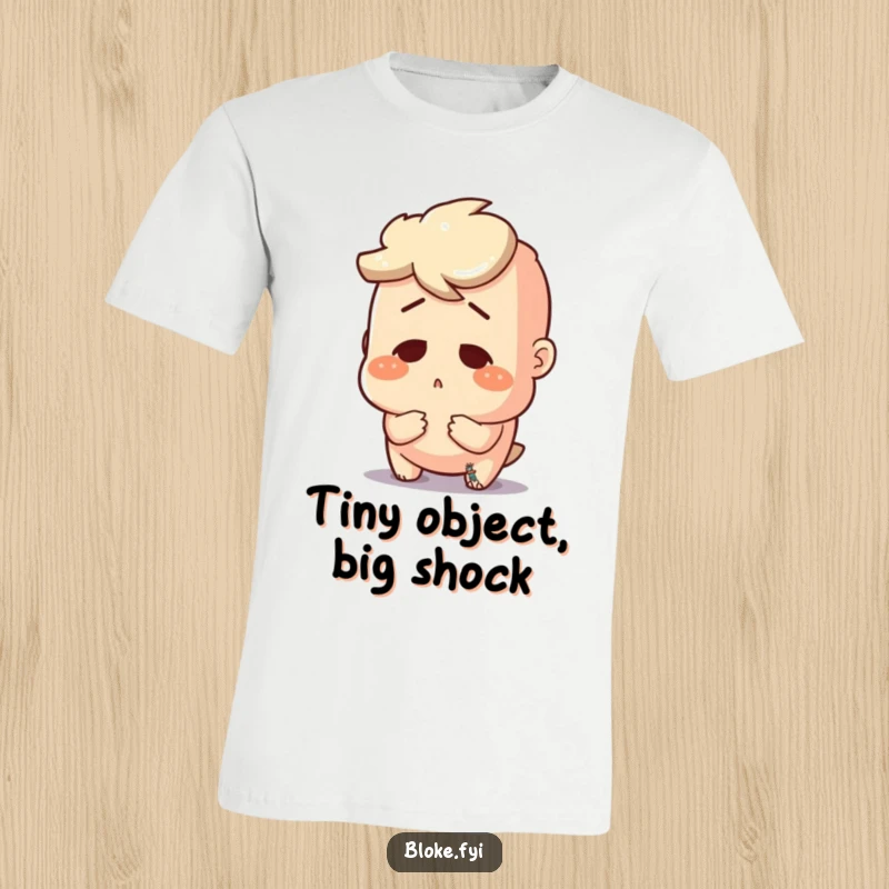 Funny t-shirt with a bloke character looking utterly astonished at a tiny item, perfect for expressing unexpected reactions.