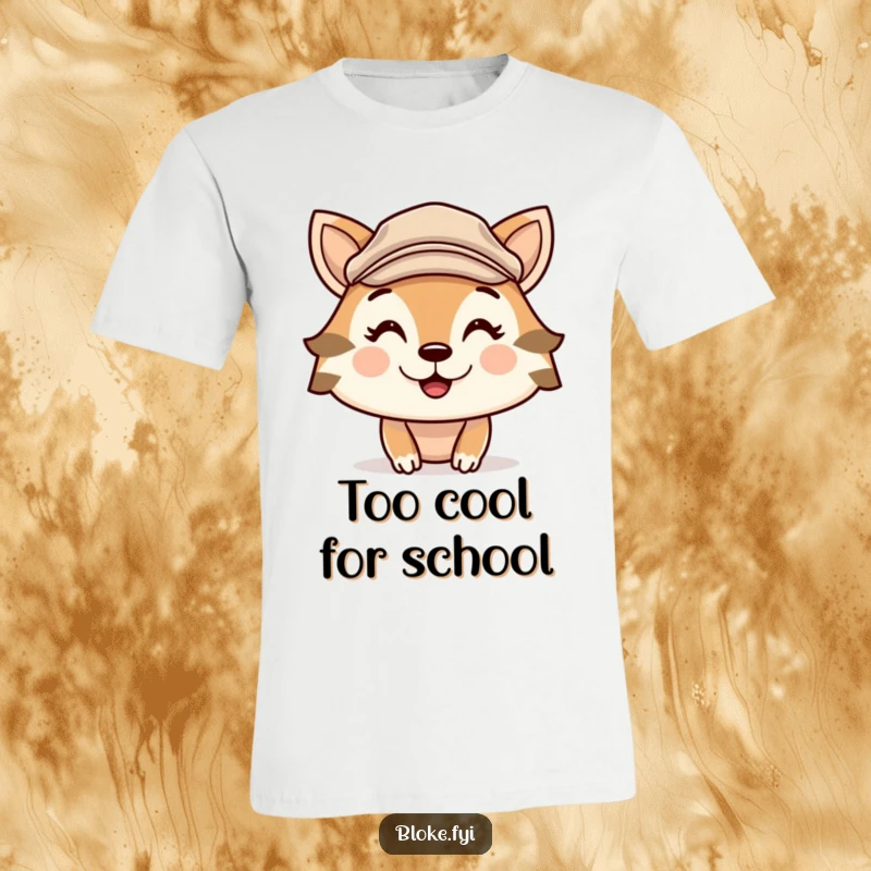 Funny t-shirt showcasing a cute animal character wearing a flat cap and a wide, cheeky grin, exuding playful mischief.