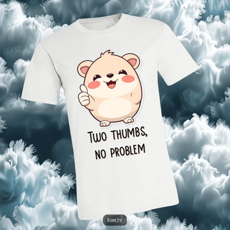 Funny T-Shirt: A delightful round animal character beaming with a wide smile and giving a double thumbs-up with both paws.