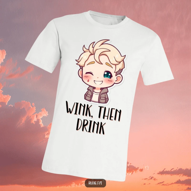Funny t-shirt with a guy character giving a charming, playful wink, perfect for conveying friendly mischief.
