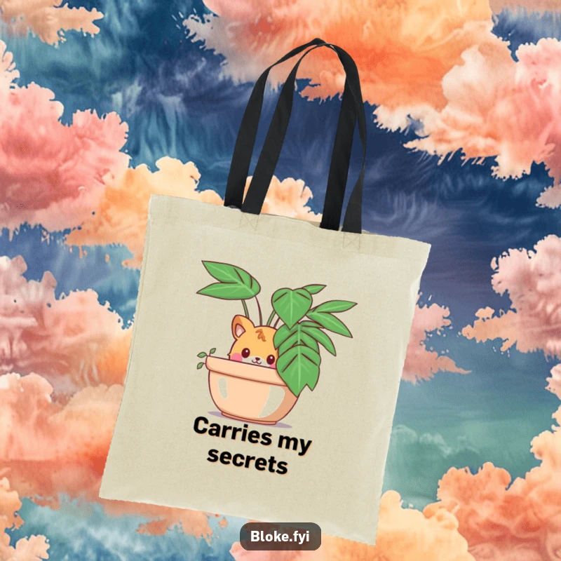 Funny tote bag featuring a curious animal character peeking out from behind a large potted plant, ideal for subtle humor.