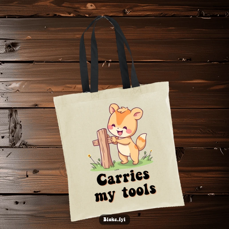 Funny tote bag featuring a happy animal character attempting to fix a wobbly fence post, ideal for handy individuals.