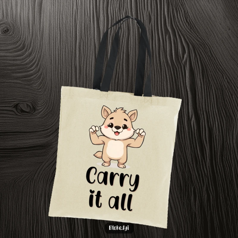 Funny tote bag with a cute, stout animal character grinning slyly and flexing its small, powerful muscles, perfect for carrying items.