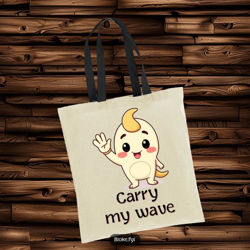 Funny tote bag showcasing a cartoon fellow character giving a jaunty wave, ideal for friendly daily use.