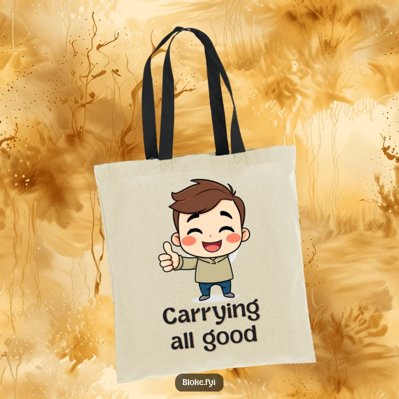Funny cartoon guy tote bag with a cheerful character, sideways smile, and a thumbs up, perfect for shopping.