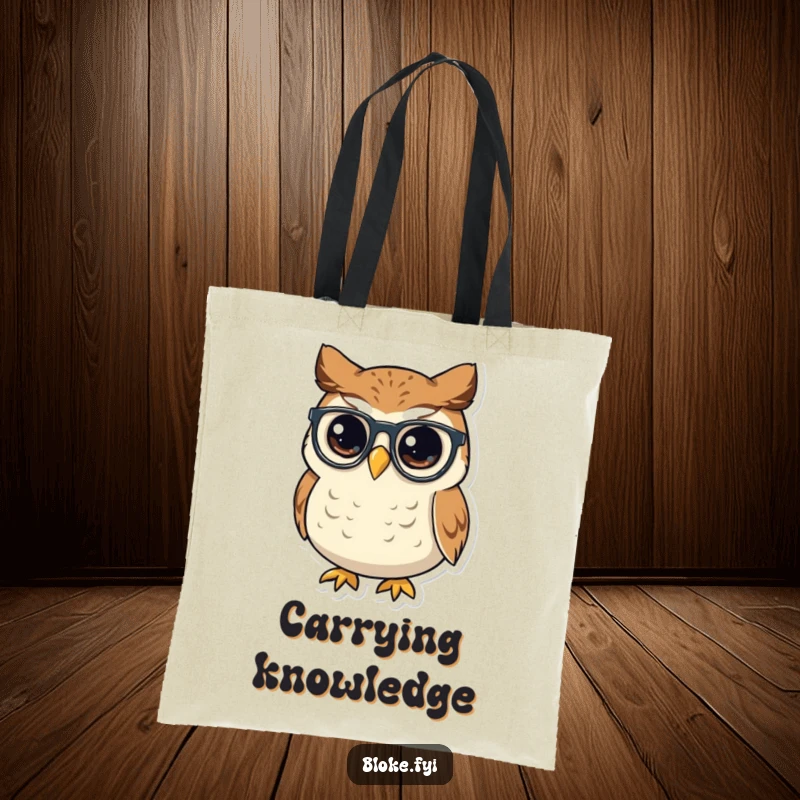 Funny small, round owl with a wise look tipping its spectacles, printed on a durable and fashionable tote bag.