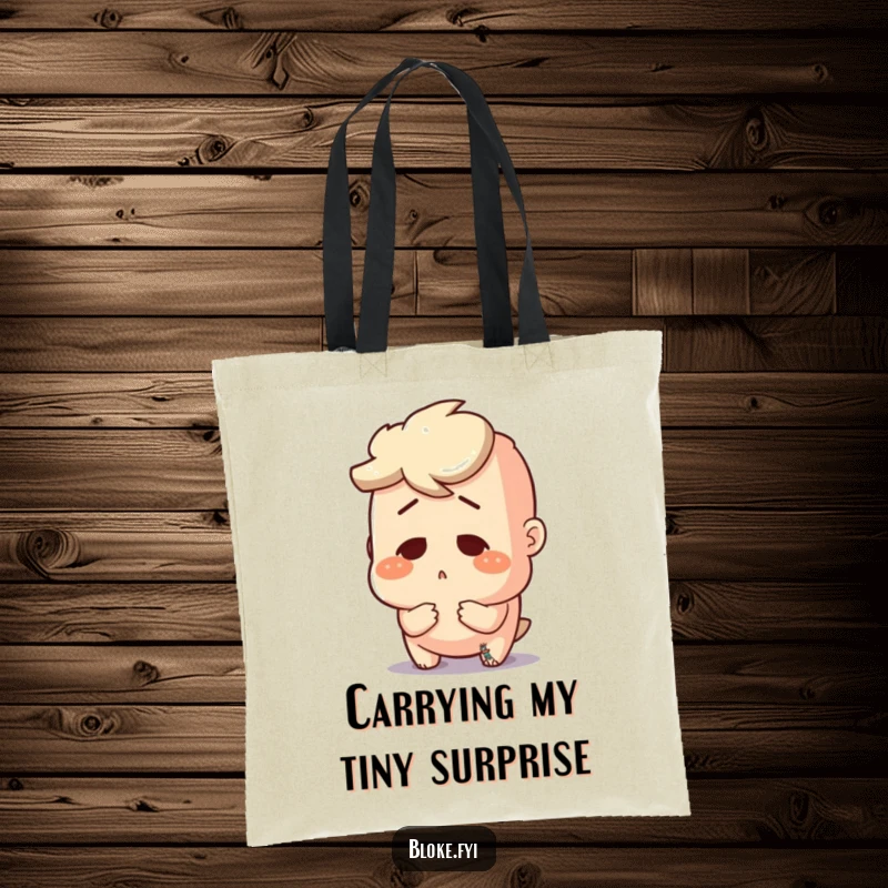 Funny tote bag featuring a bloke character caught in a moment of pure surprise, staring at a minuscule item.