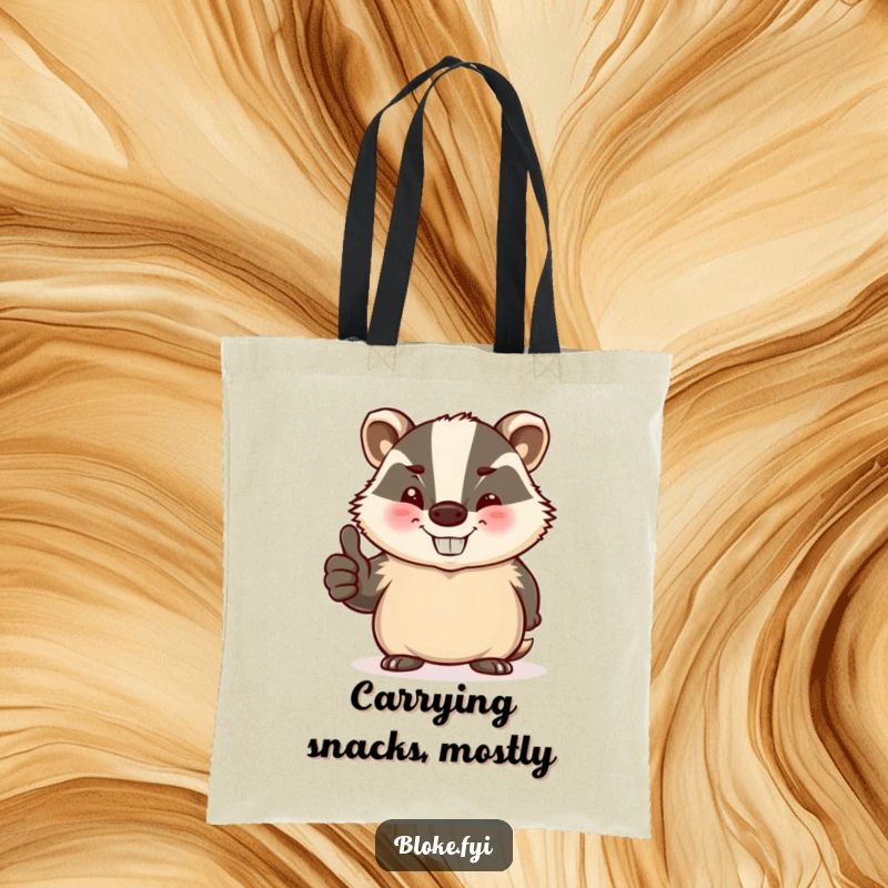 Funny tote bag with a stout, jovial badger winking and giving a thumbs-up, practical and humorous.