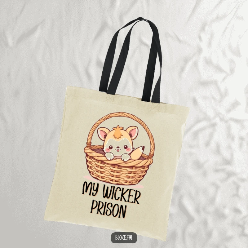 Funny tote bag featuring a playful animal character comically stuck inside a woven basket, perfect for stylish and humorous carrying.