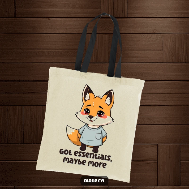 Funny tote bag with a cheerful, slightly scruffy fox in a casual t-shirt, perfect for stylish, humorous outings.
