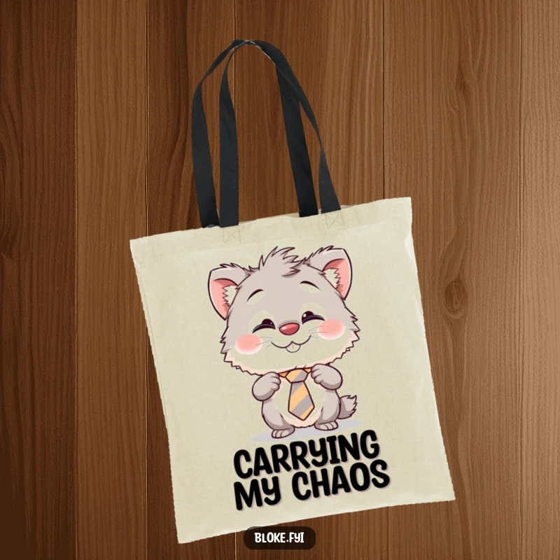 Funny tote bag with a cheeky furry creature humorously adjusting its crooked tie, perfect for carrying items with a smile.