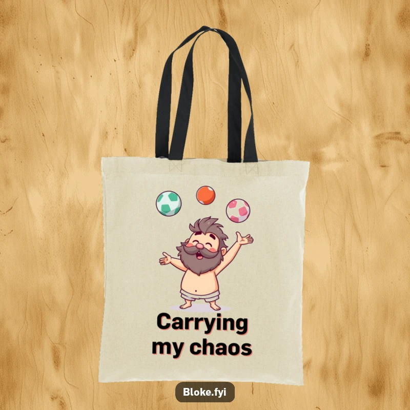 Funny tote bag showcasing a hairy bloke character playfully juggling three imaginary balls, great for carrying humor and essentials.