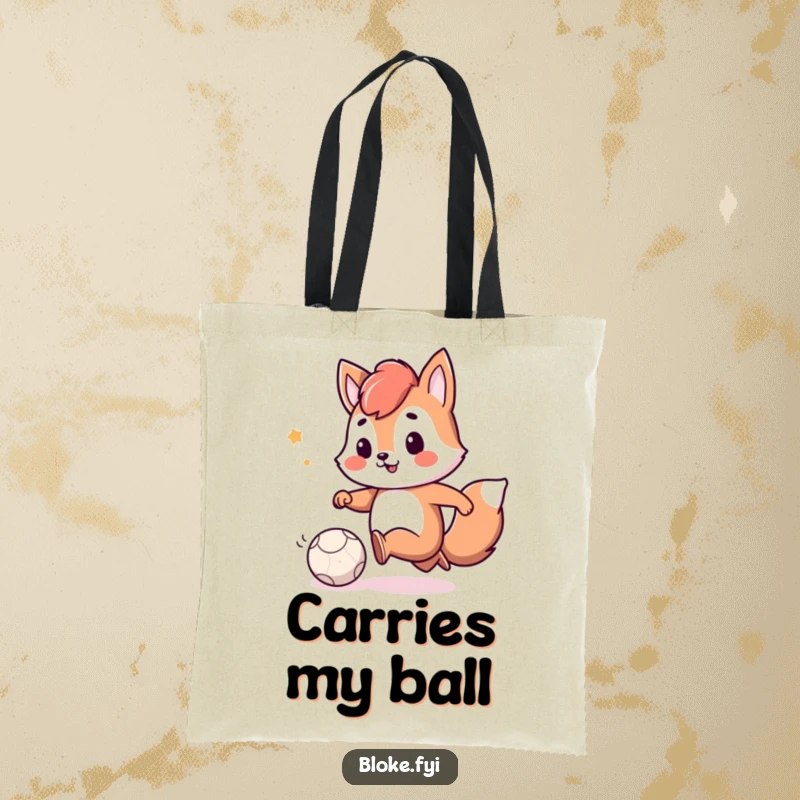 Funny tote bag featuring a playful animal character with a smile, kicking a small, deflated ball, perfect for cheerful errands.
