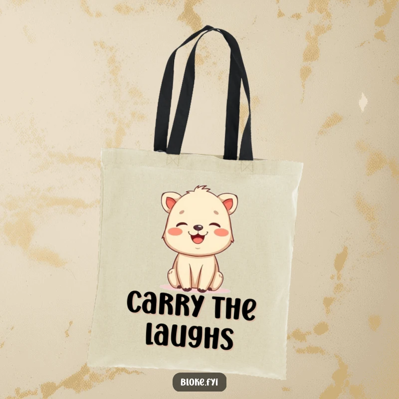 Funny tote bag featuring a friendly, slightly rough animal drawing in the midst of a hearty laugh, perfect for carrying items with charm.