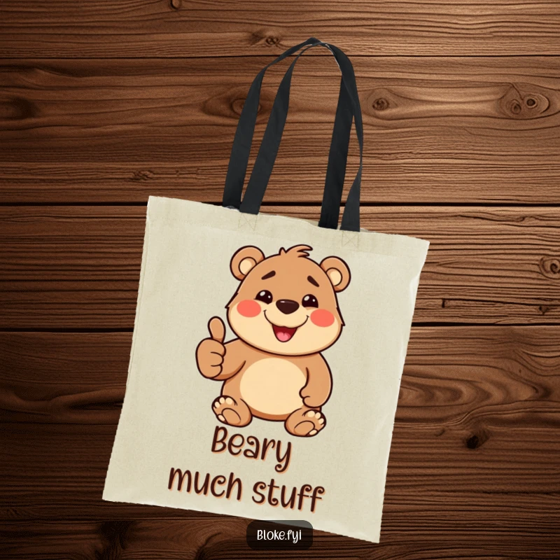 Funny Tote Bag starring a stout, happy bear character with a goofy grin and a prominent thumbs-up.