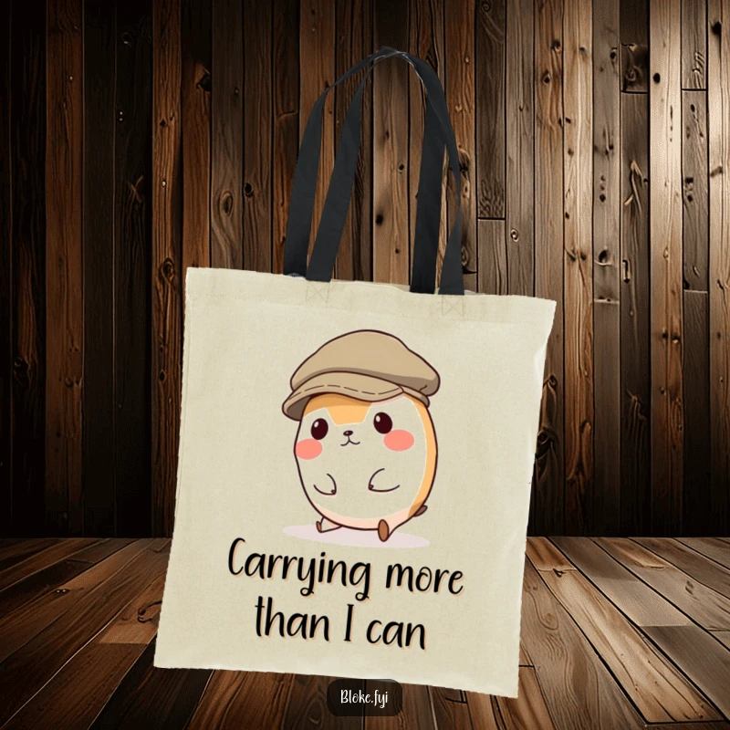Funny tote bag with a round, clumsy animal character hilariously tripping in a ridiculously oversized flat cap, great for everyday use.