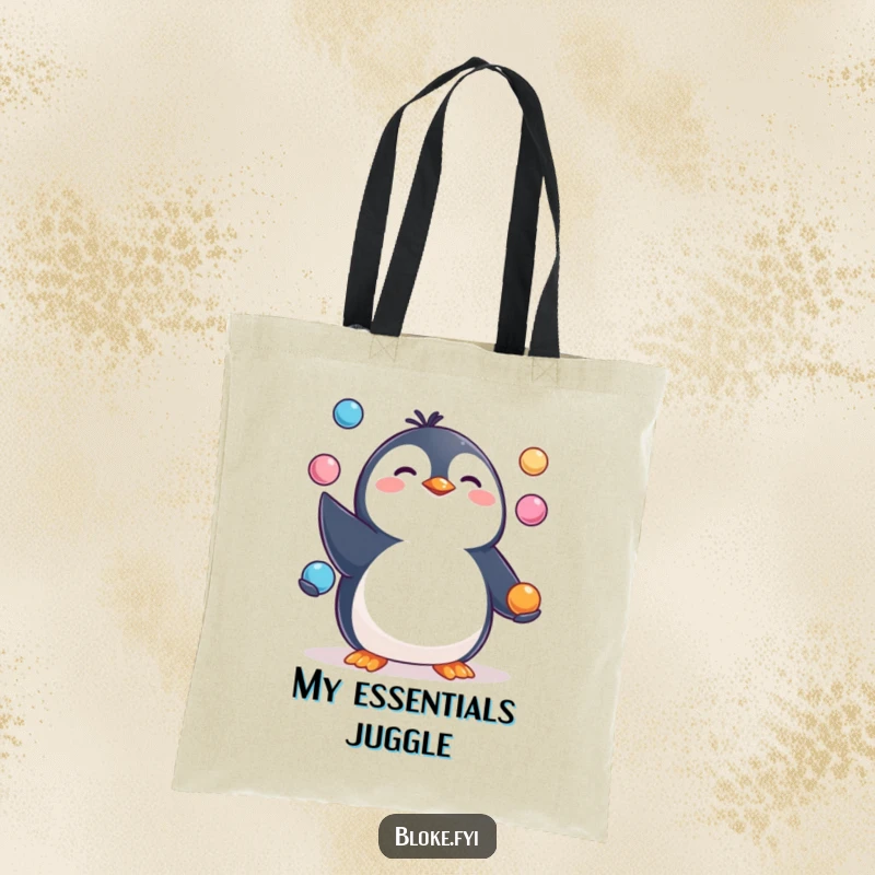 Funny Tote Bag showing a happy, pudgy penguin character juggling three round objects, full of cheerful energy.